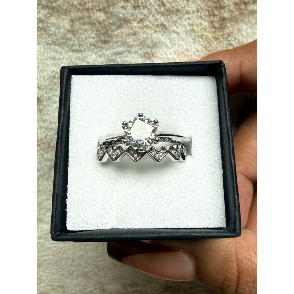 Certified 1 Ct Moissanite Ring Set | Adjustable Size 5–10 -Rhodium Plated